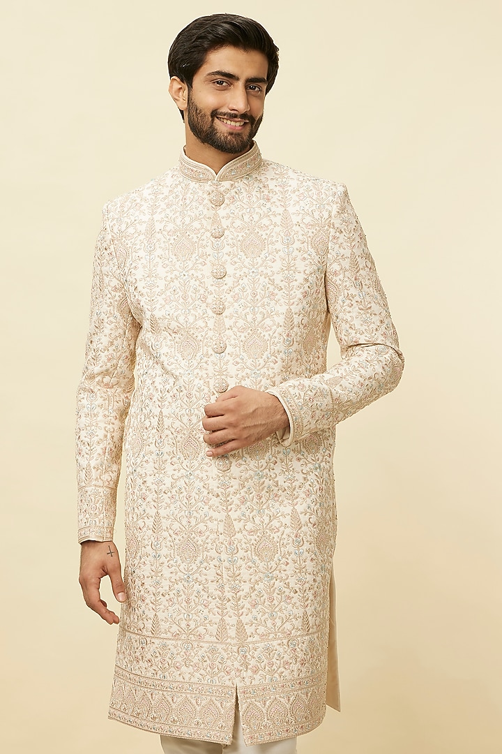 Cream Art Silk Self-Textured Wedding Sherwani Set by Manyavar at Pernia's Pop Up Shop
