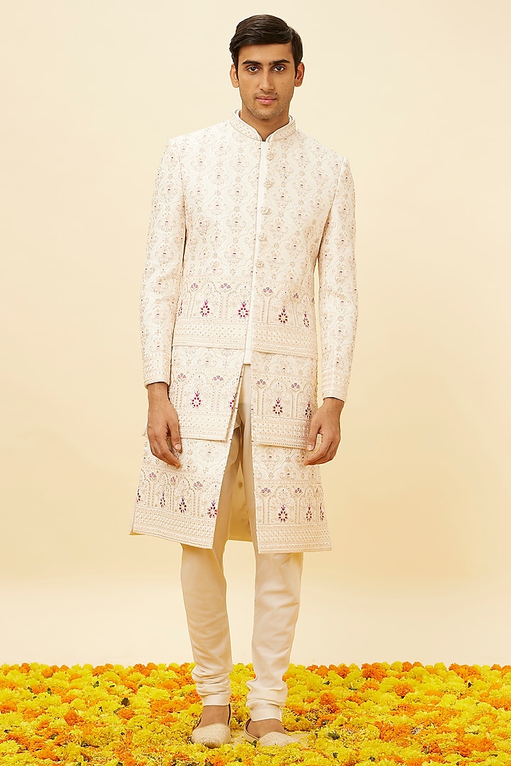 Warm White Art Silk Self-Textured Sherwani Set by Manyavar