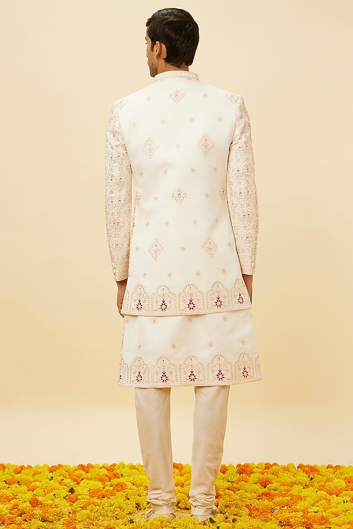Warm White Art Silk Self-Textured Sherwani Set by Manyavar at Pernia's Pop Up Shop