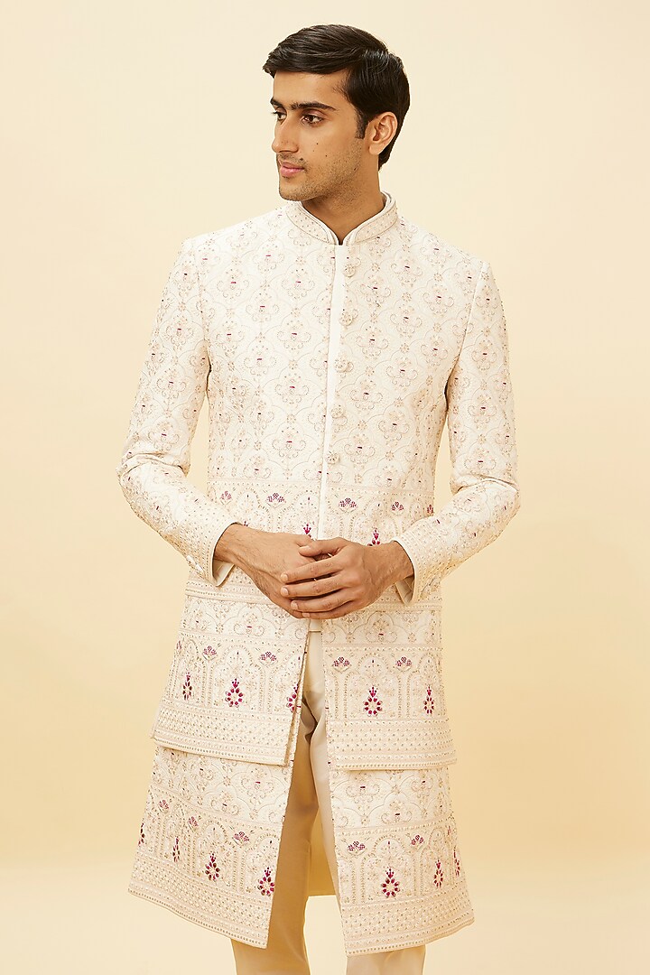 Warm White Art Silk Self-Textured Sherwani Set by Manyavar at Pernia's Pop Up Shop