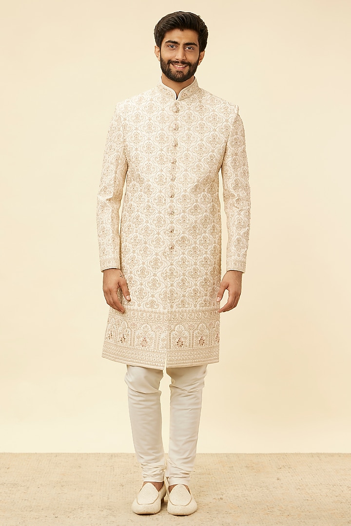 Beige Art Silk Embroidered Wedding Sherwani Set by Manyavar at Pernia's Pop Up Shop