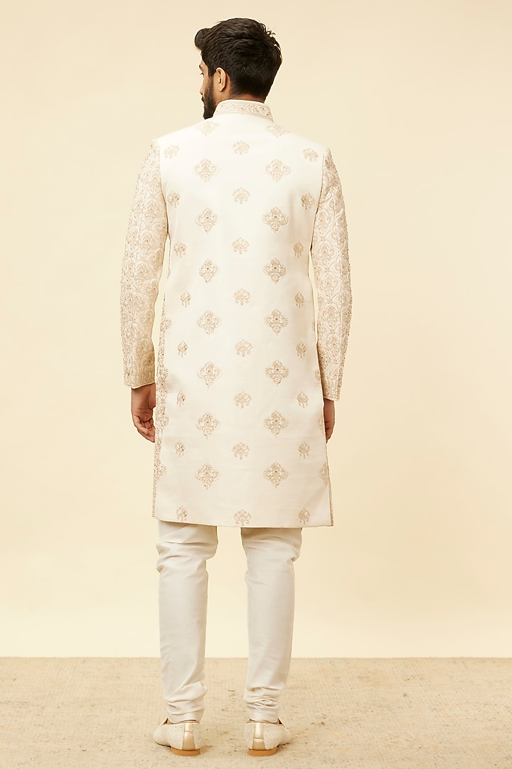 Beige Art Silk Embroidered Wedding Sherwani Set by Manyavar at Pernia's Pop Up Shop