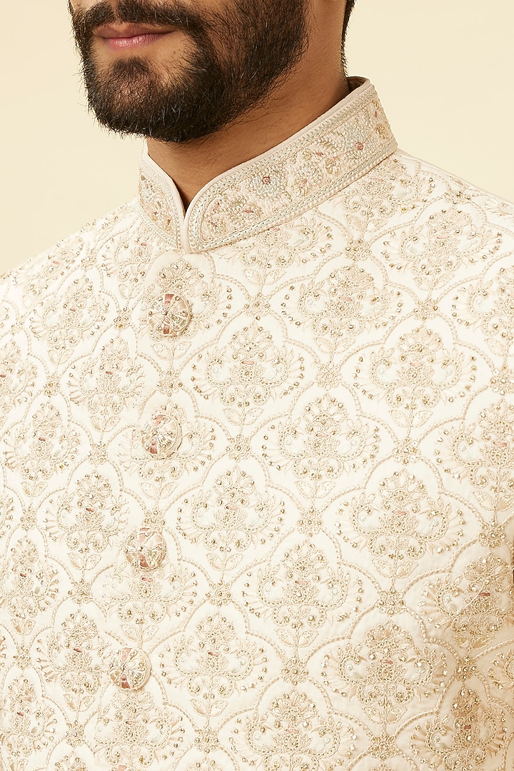 Beige Art Silk Embroidered Wedding Sherwani Set by Manyavar at Pernia's Pop Up Shop