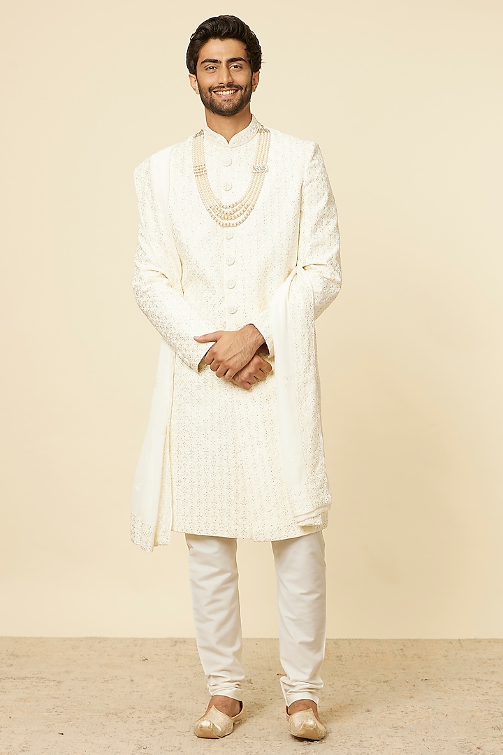 Warm White Georgette Embroidered Sherwani Set by Manyavar