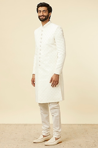 Warm White Blended Rayon Hand Embroidered Sherwani Set by Manyavar