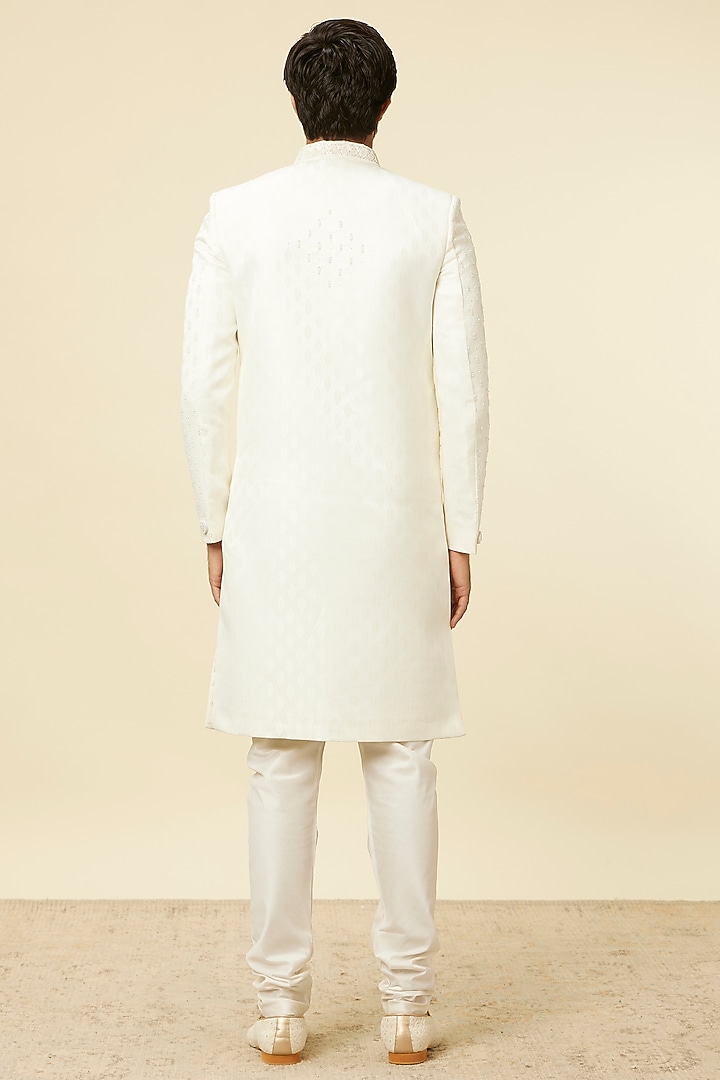 Warm White Blended Rayon Hand Embroidered Wedding Sherwani Set by Manyavar at Pernia's Pop Up Shop