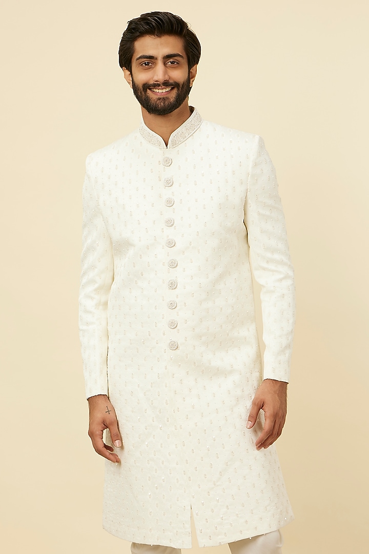 Warm White Blended Rayon Hand Embroidered Wedding Sherwani Set by Manyavar at Pernia's Pop Up Shop