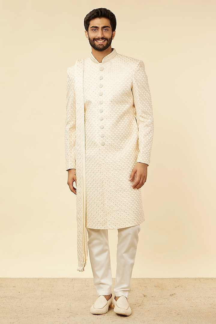 Cream Satin Embroidered Sherwani Set by Manyavar