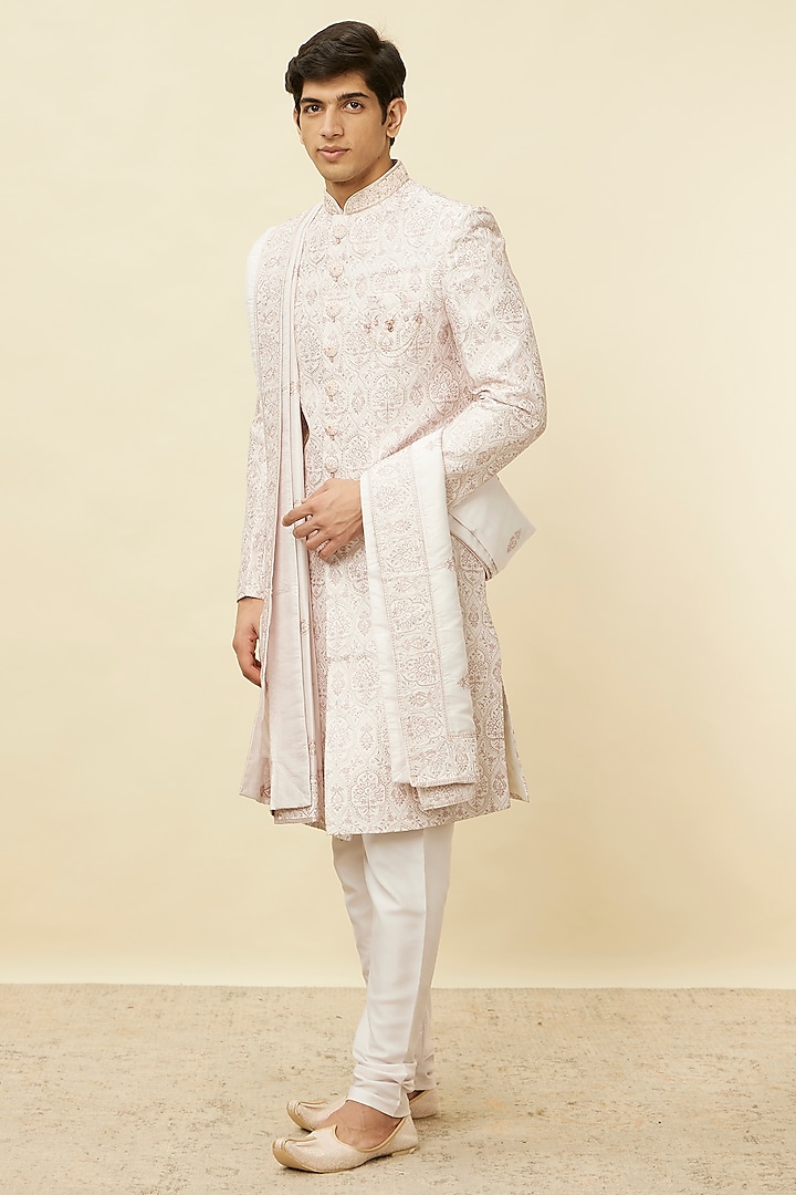 Pink Art Silk Self-Textured Sherwani Set by Manyavar