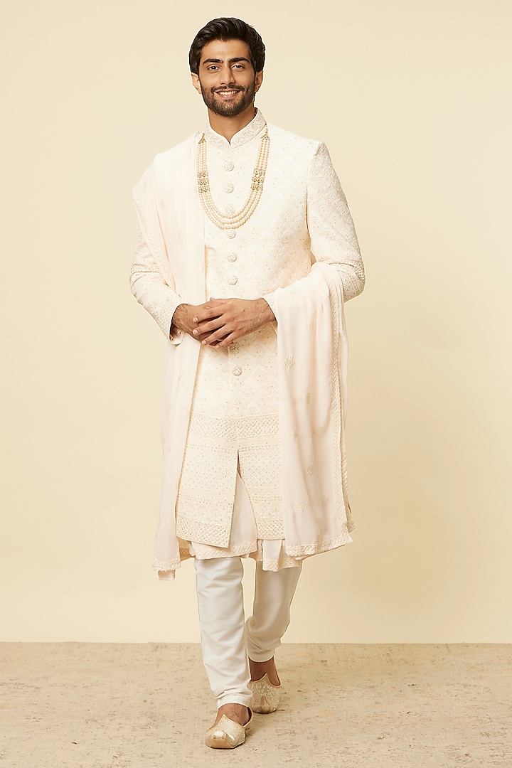 Pink Georgette Embroidered Sherwani Set by Manyavar