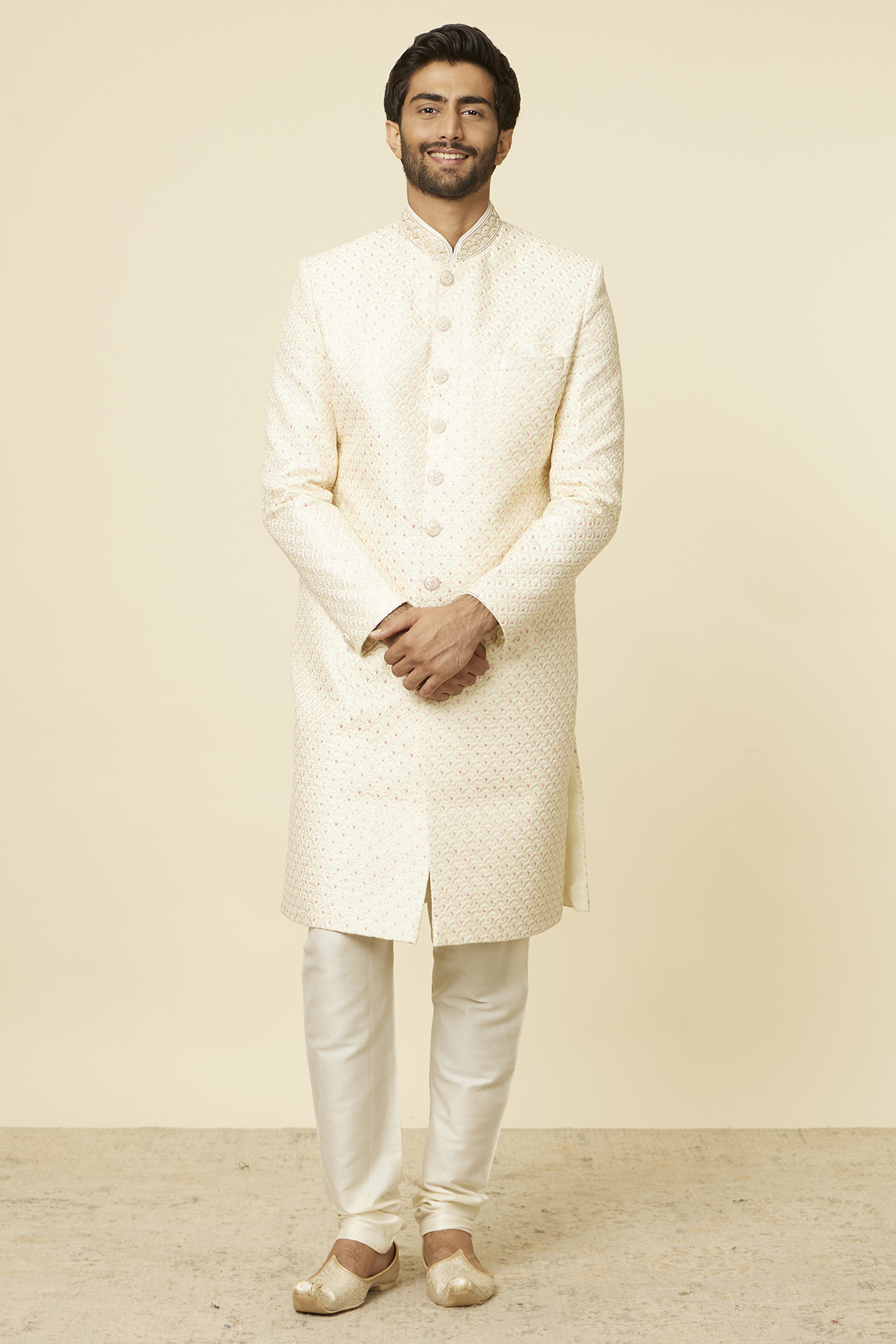 Cream Art Silk Embroidered Sherwani Set by Manyavar at Pernia's Pop Up Shop
