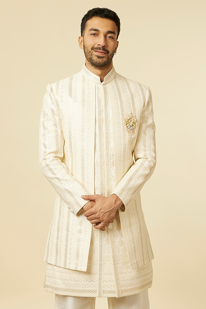 Cream Art Silk Embroidered Wedding Indowestern Set by Manyavar at Pernia's Pop Up Shop