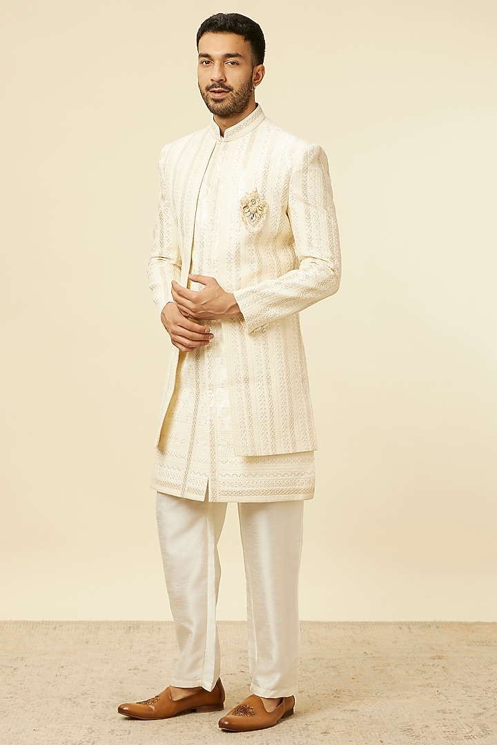 Cream Art Silk Embroidered Wedding Indowestern Set by Manyavar at Pernia's Pop Up Shop