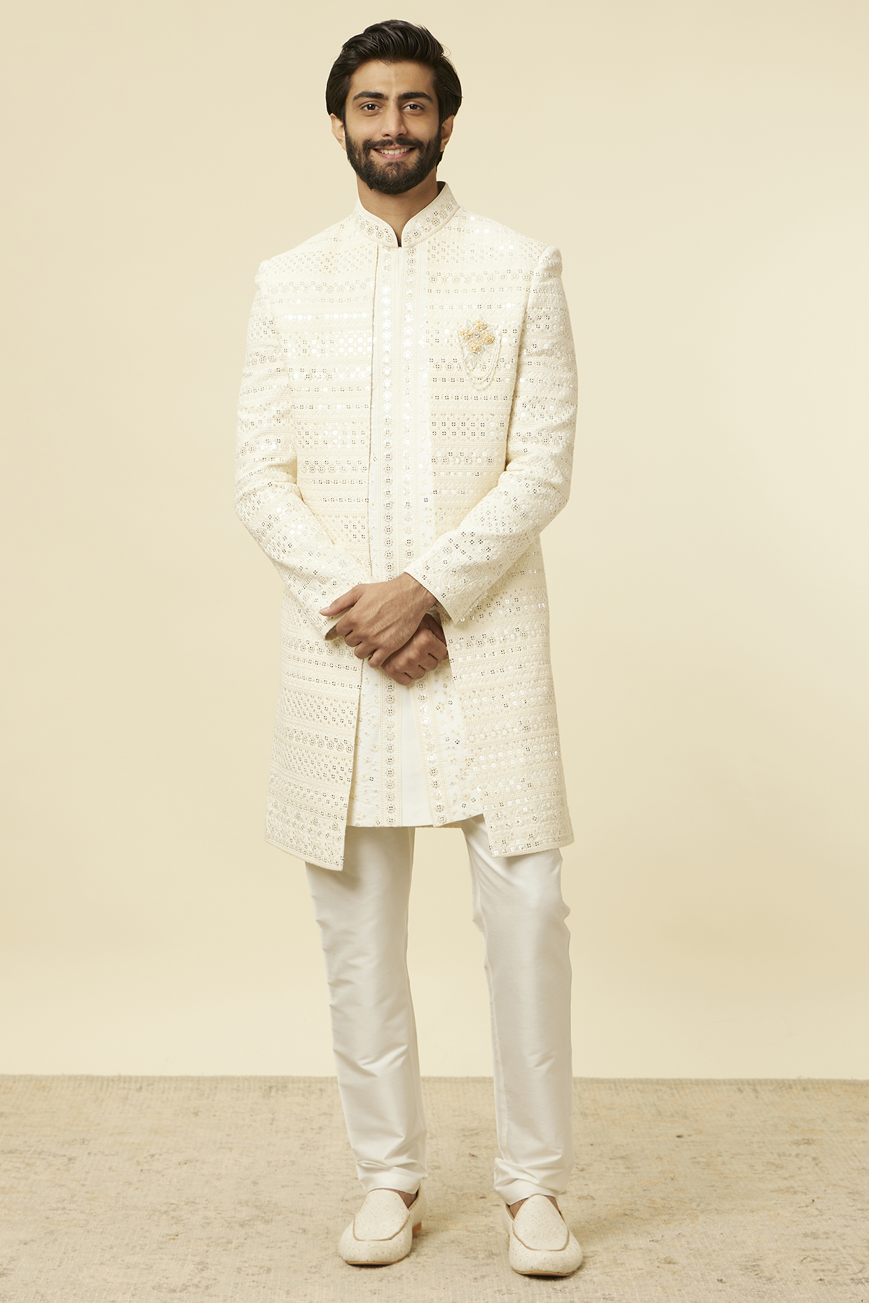 Cream Georgette Embroidered Wedding Indowestern Set by Manyavar at Pernia's Pop Up Shop