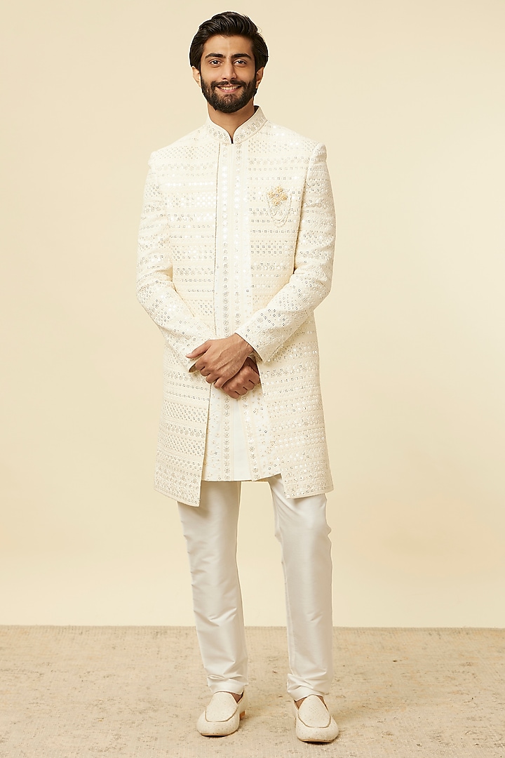 Cream Georgette Embroidered Wedding Indowestern Set by Manyavar at Pernia's Pop Up Shop