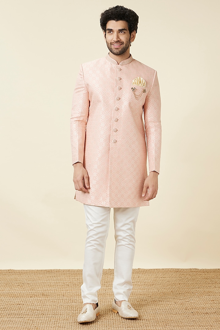 Peach Brocade Self Textured Indowestern Set by Manyavar