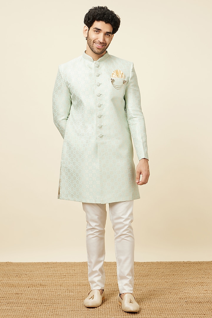 Green Brocade Self Textured Indowestern Set by Manyavar