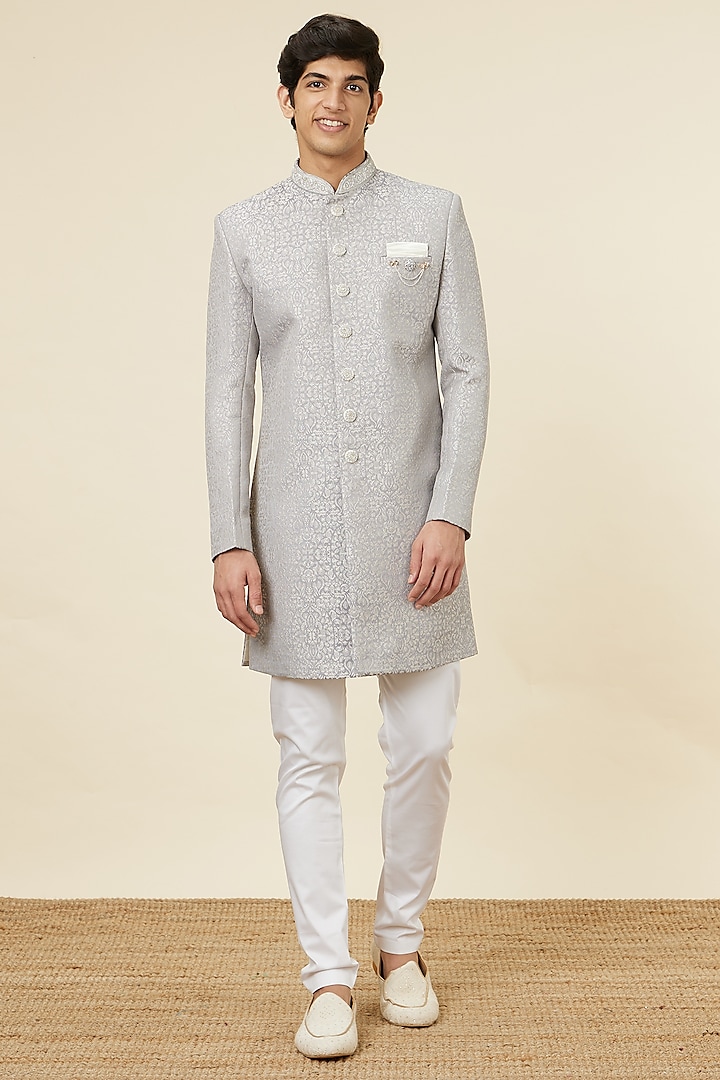 Grey Brocade Self Textured Indowestern Set by Manyavar