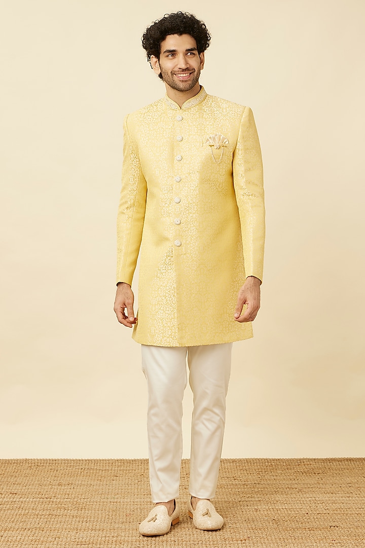 Yellow Brocade Self Textured Indowestern Set by Manyavar