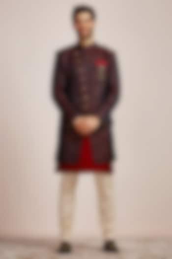 Black Brocade Floral Embroidered Textured Indowestern Set by