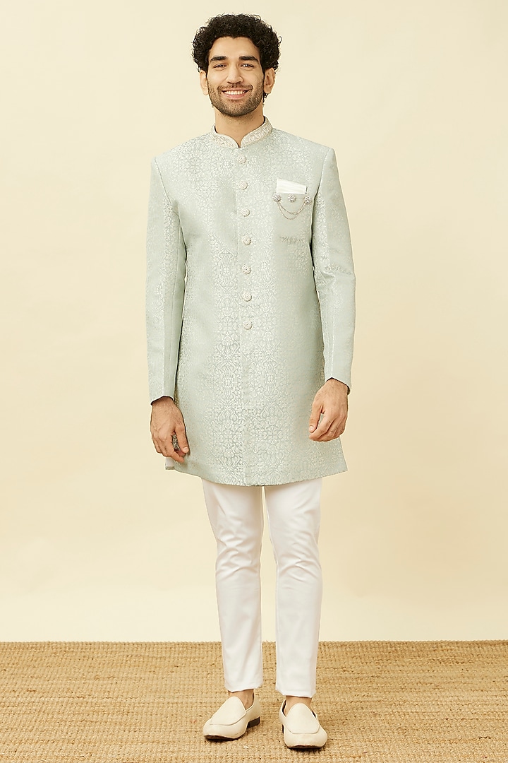 Light Blue Brocade Self Textured Indowestern Set by Manyavar