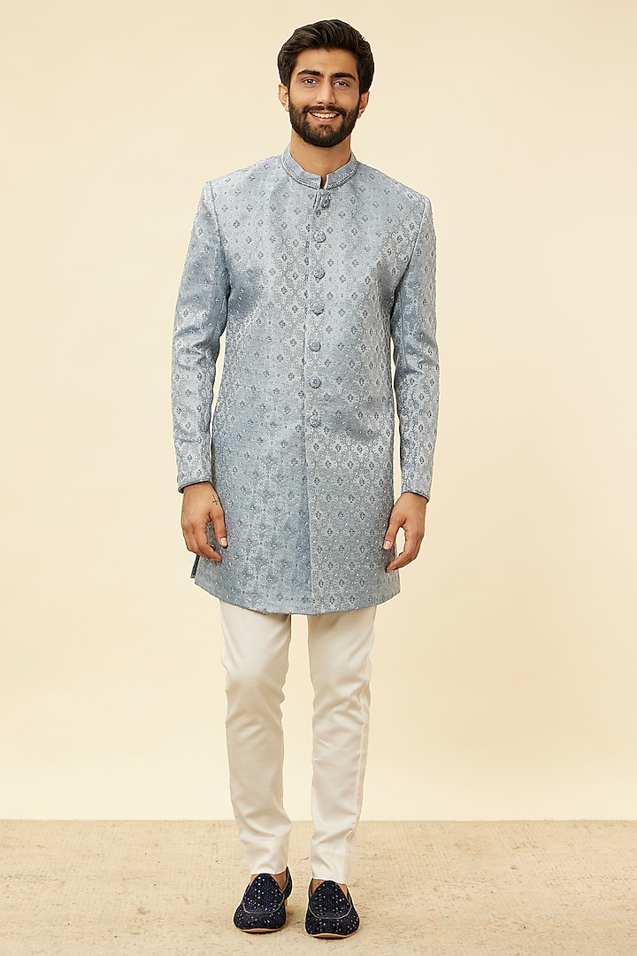 Light Blue Brocade Self Textured Floral Indowestern Set by Manyavar