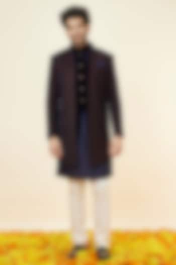 Dark Blue Velvet Self Textured Indowestern Set by Manyavar