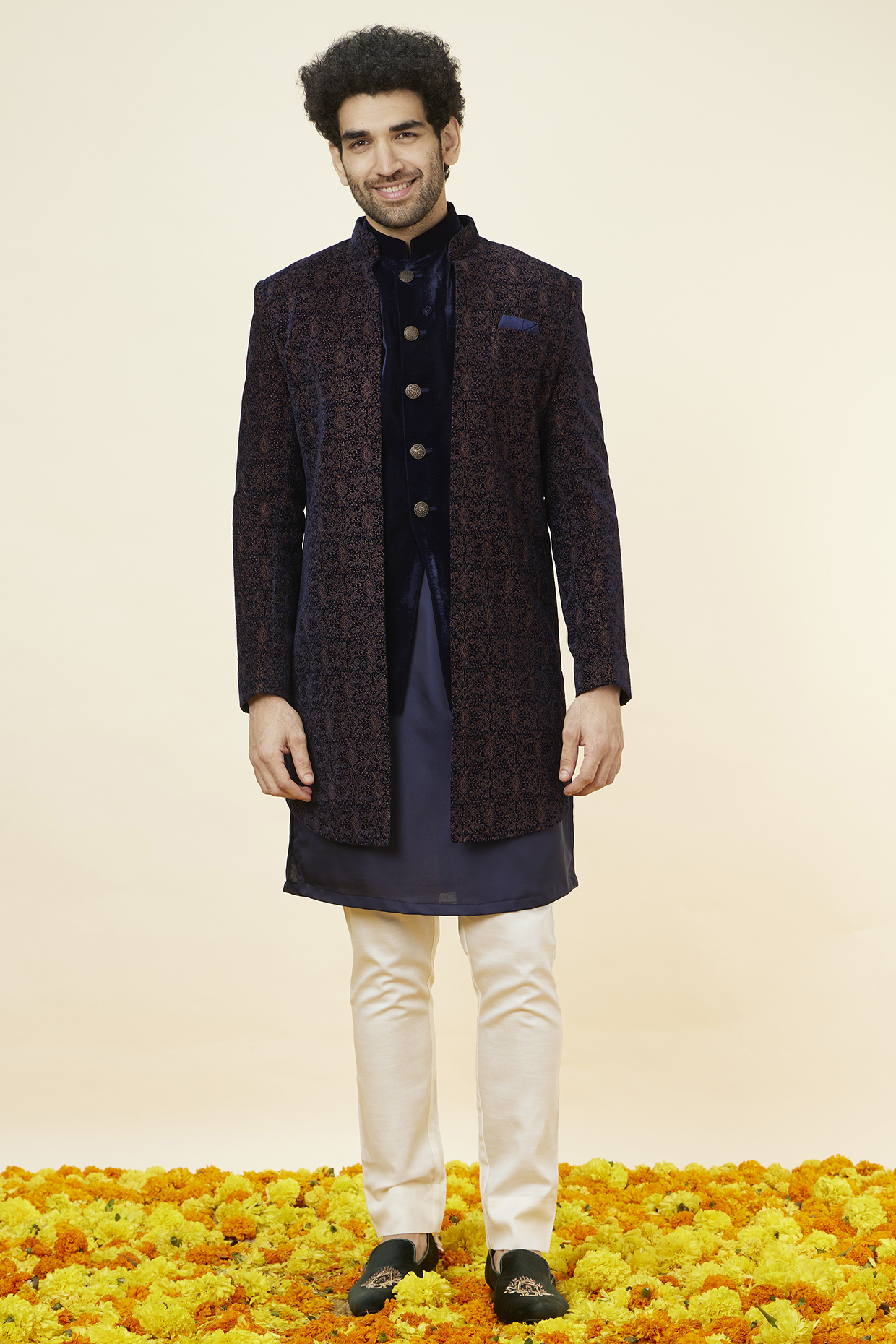 Dark Blue Velvet Self Textured Indowestern Set by Manyavar