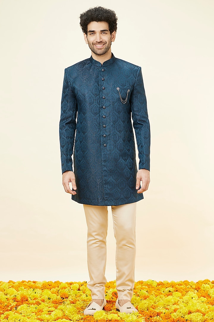 Turquoise Blue Brocade Leaf Jaal Patterned Indowestern Set by Manyavar