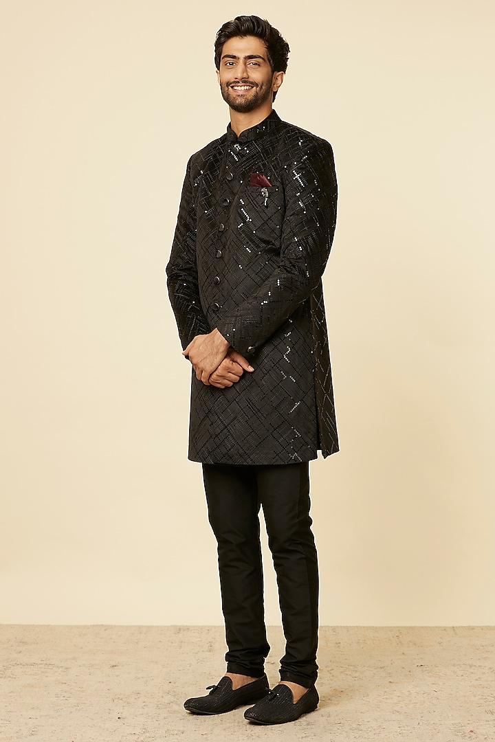 Black Velvet Embroidered Indowestern Set by Manyavar