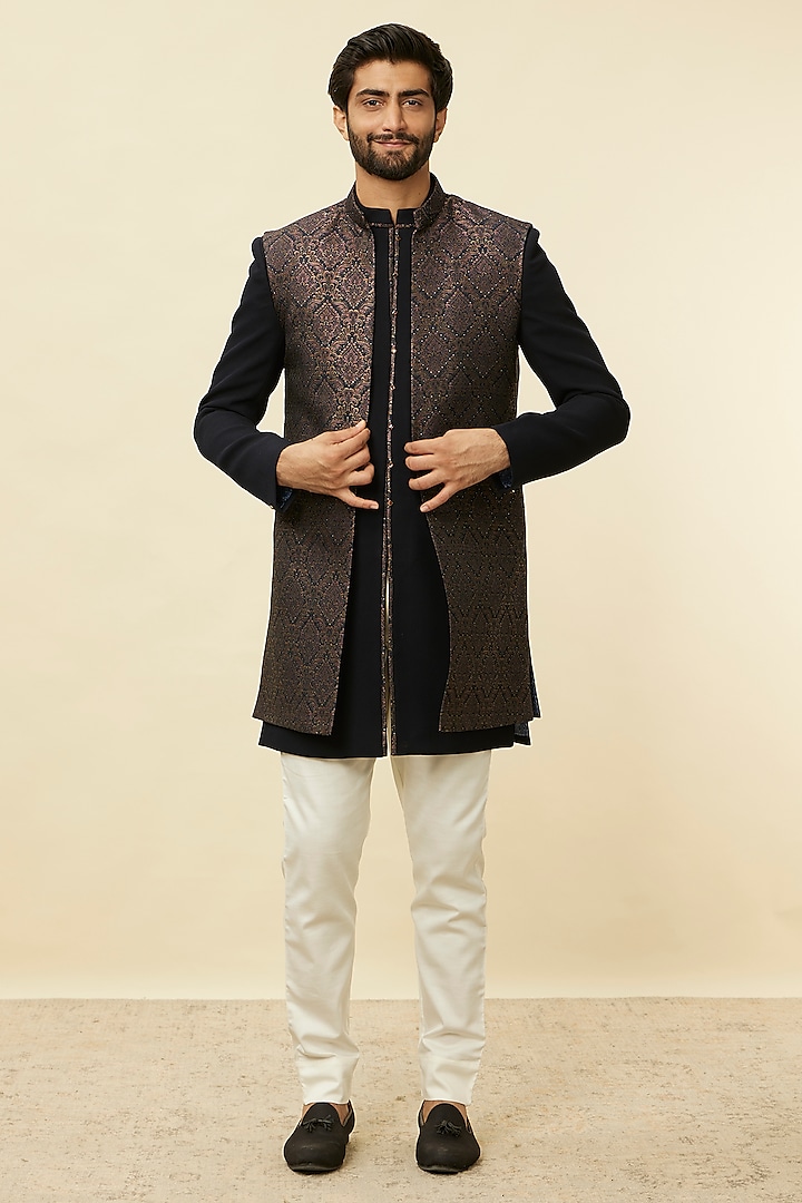 Dark Blue Brocade Self Textured Indowestern Set by Manyavar