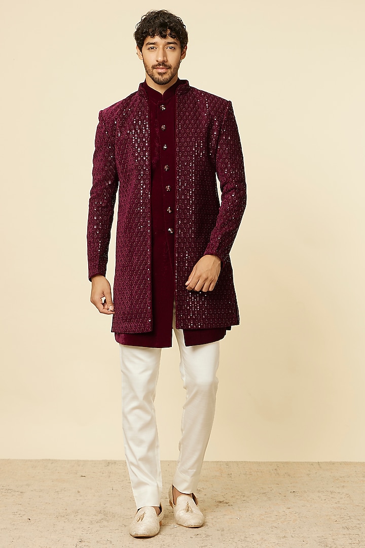 Wine Velvet Embroidered Indowestern Set by Manyavar