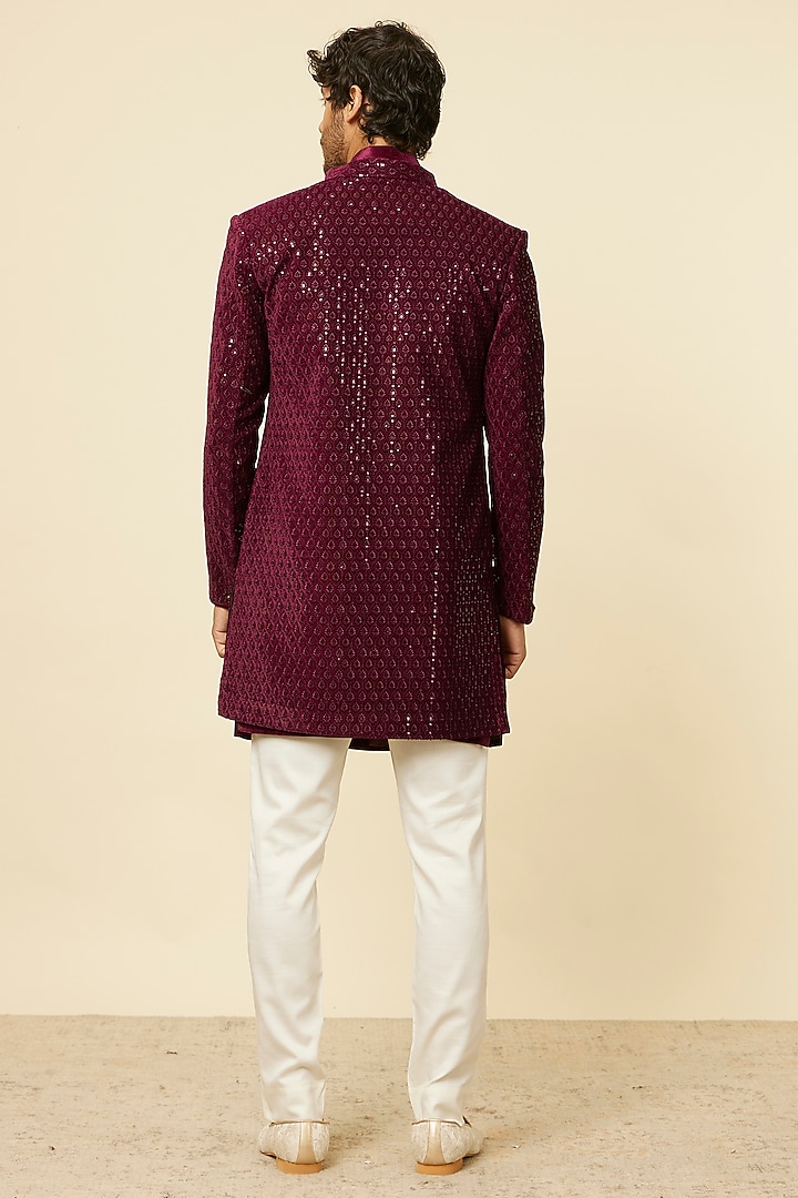 Wine Velvet Embroidered Indowestern Set by Manyavar at Pernia's Pop Up Shop