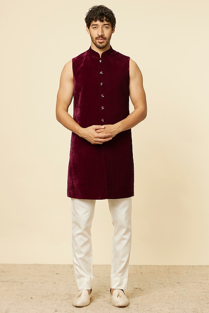 Wine Velvet Embroidered Indowestern Set by Manyavar at Pernia's Pop Up Shop