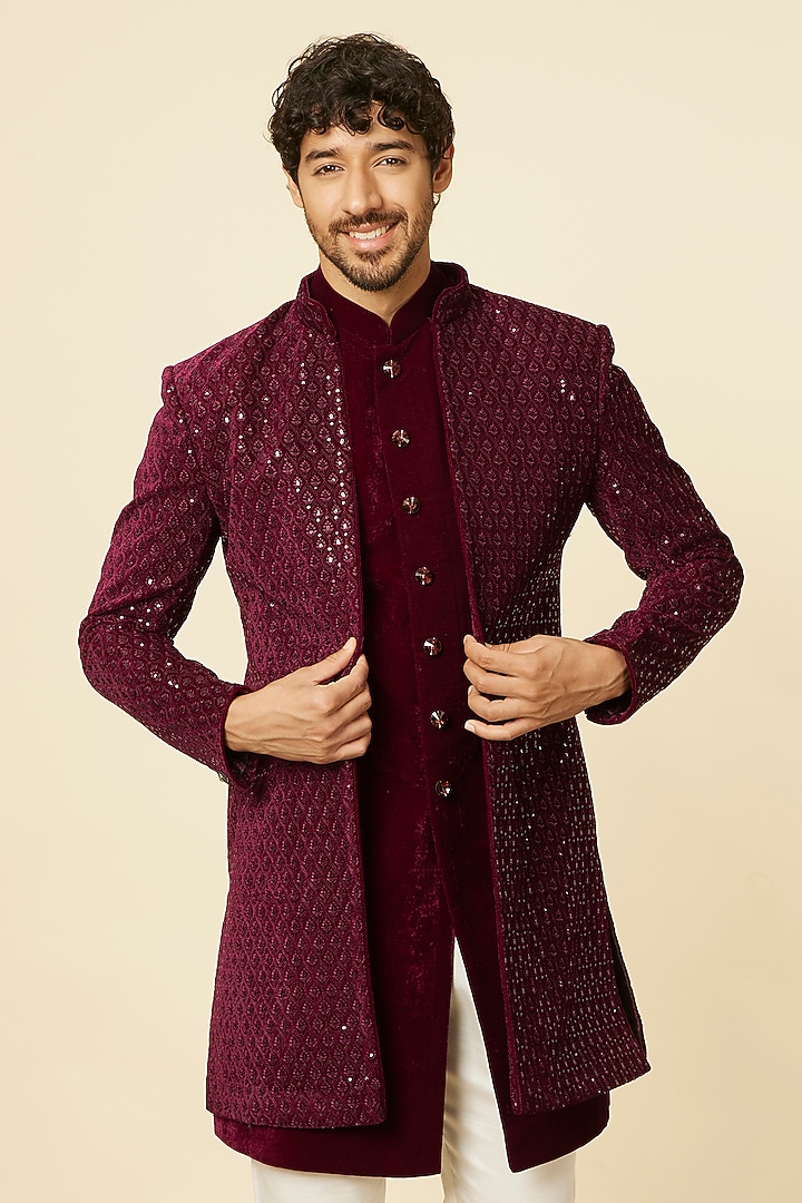 Wine Velvet Embroidered Indowestern Set by Manyavar at Pernia's Pop Up Shop