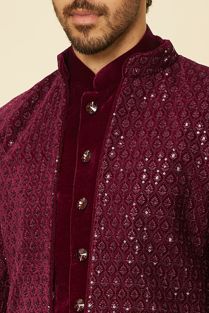 Wine Velvet Embroidered Indowestern Set by Manyavar at Pernia's Pop Up Shop