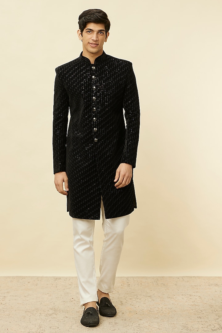 Black Velvet Embroidered Indowestern Set by Manyavar