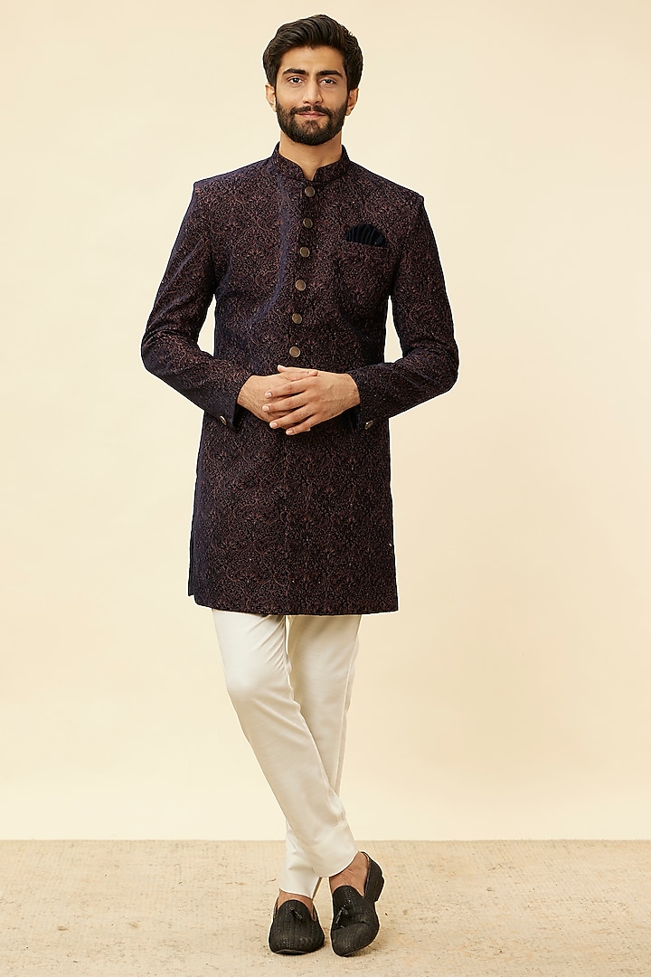 Dark Blue Velvet Textured Indowestern Set by Manyavar