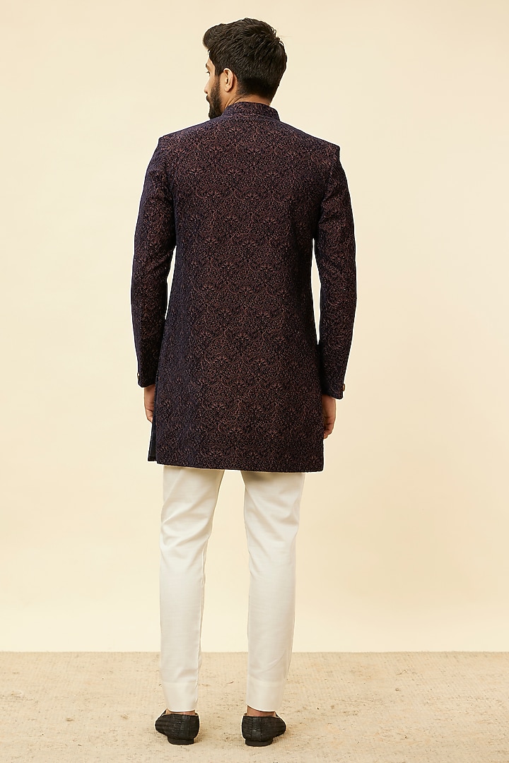 Dark Blue Velvet Textured Indowestern Set by Manyavar at Pernia's Pop Up Shop