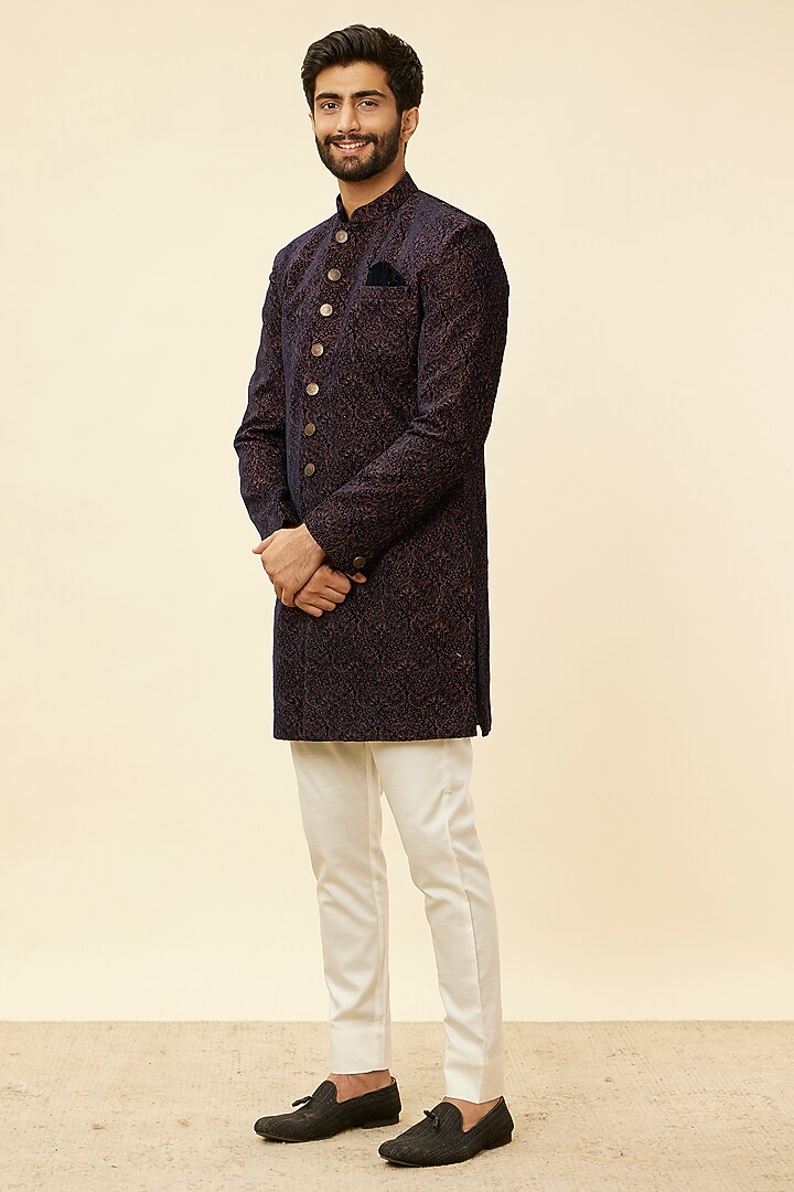 Dark Blue Velvet Textured Indowestern Set by Manyavar at Pernia's Pop Up Shop