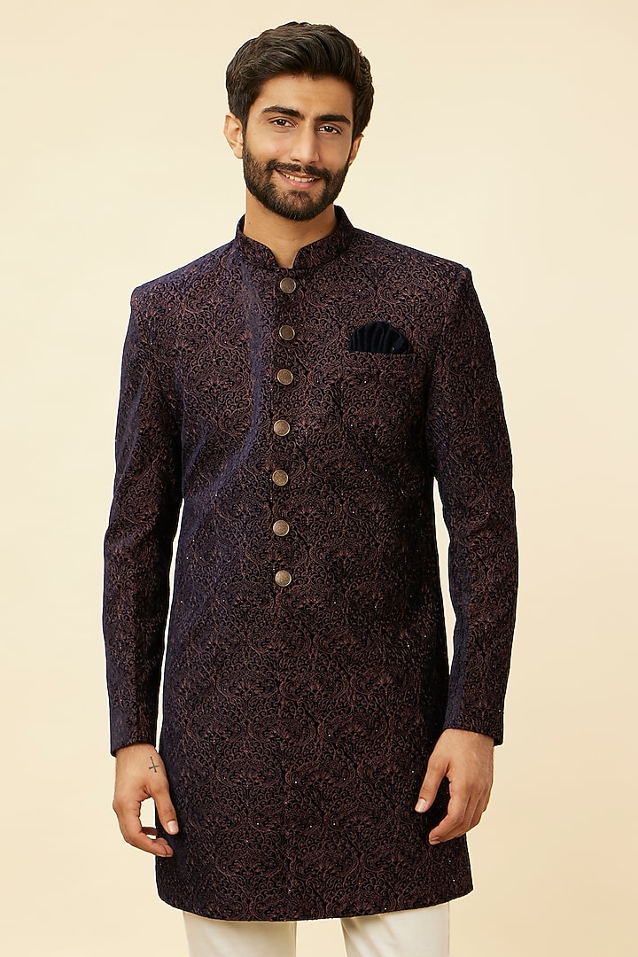 Dark Blue Velvet Textured Indowestern Set by Manyavar at Pernia's Pop Up Shop