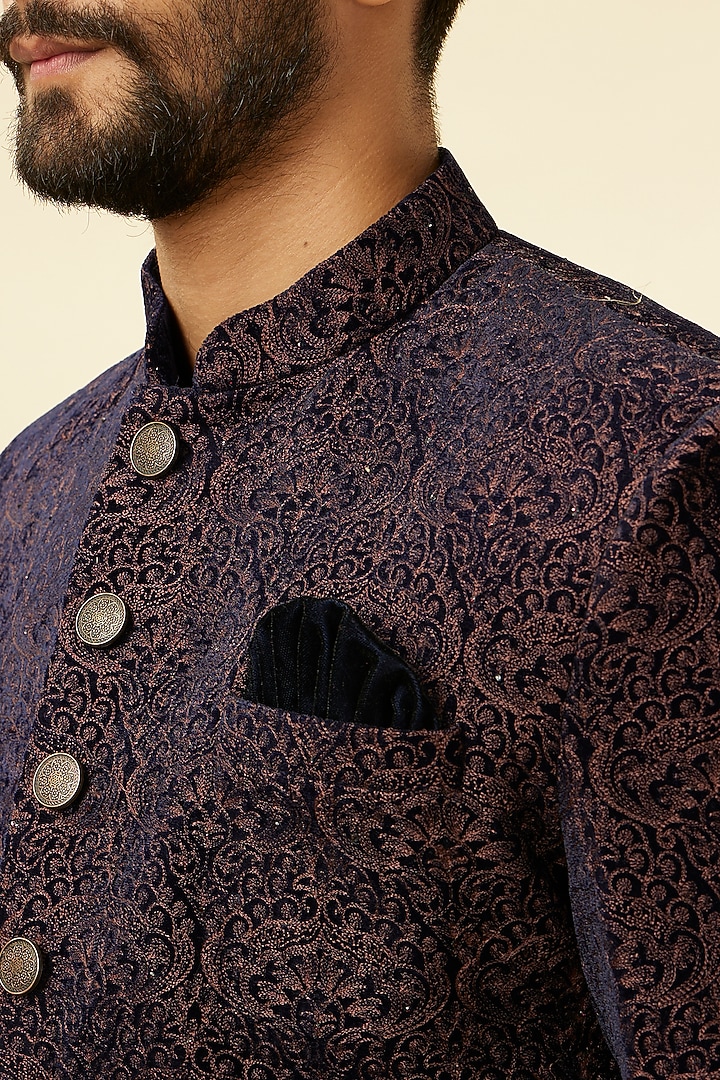 Dark Blue Velvet Textured Indowestern Set by Manyavar at Pernia's Pop Up Shop