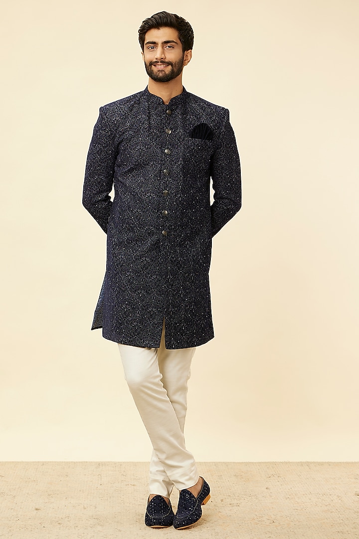 Dark Blue Velvet Textured Indowestern Set by Manyavar