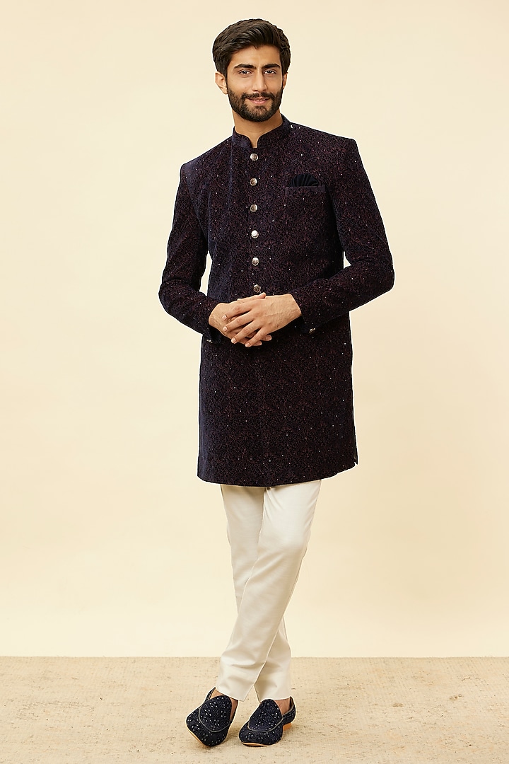 Dark Blue Velvet Textured Indowestern Set by Manyavar