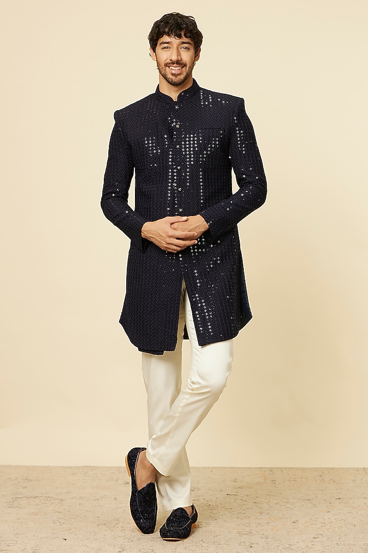 Dark Blue Viscose Embroidered Indowestern Set by Manyavar