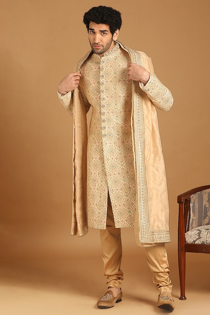 Beige Art Silk Embroidered Sherwani Set by Manyavar