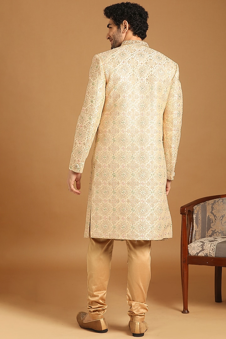 Beige Art Silk Embroidered Wedding Sherwani Set by Manyavar at Pernia's Pop Up Shop