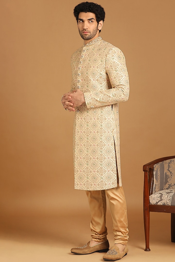 Beige Art Silk Embroidered Wedding Sherwani Set by Manyavar at Pernia's Pop Up Shop