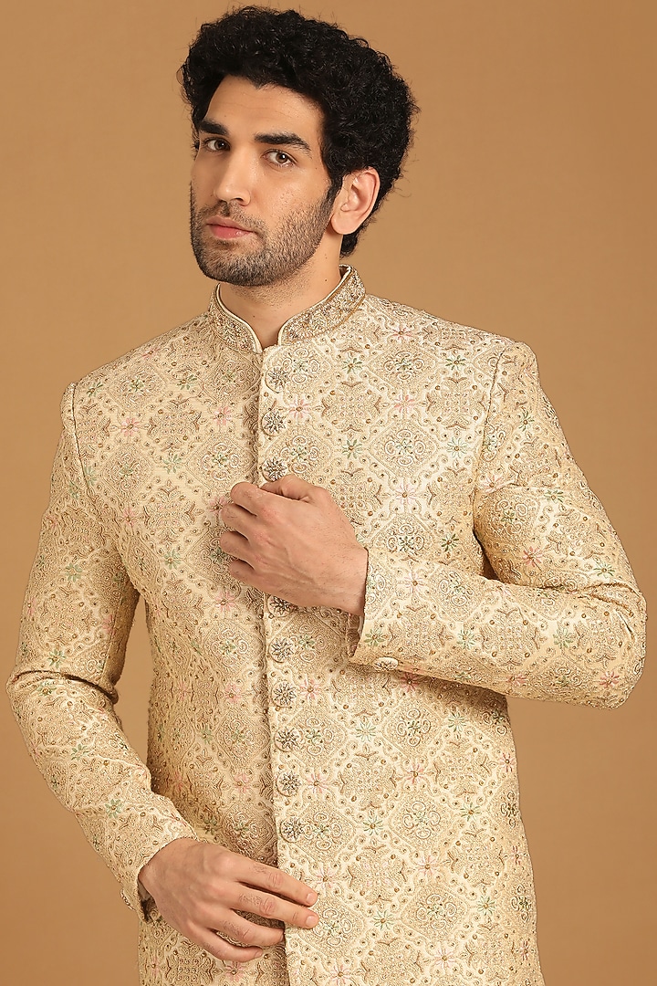 Beige Art Silk Embroidered Wedding Sherwani Set by Manyavar at Pernia's Pop Up Shop
