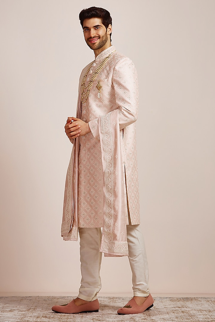 Peach Art Silk Self Textured Sherwani Set by Manyavar